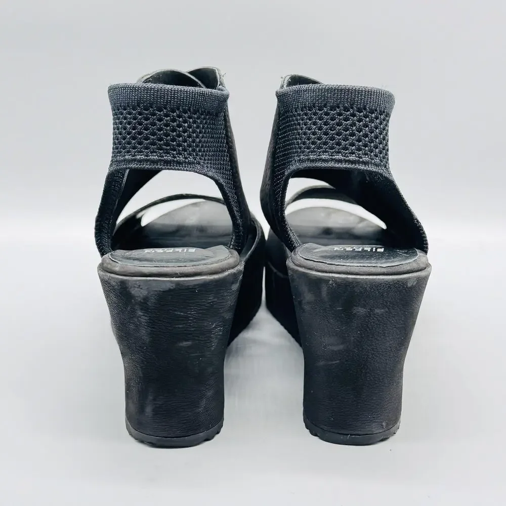 Eileen Fisher Sandals Women 8.5 Black Nubuck Strappy Wedge Platform Knit Ankle